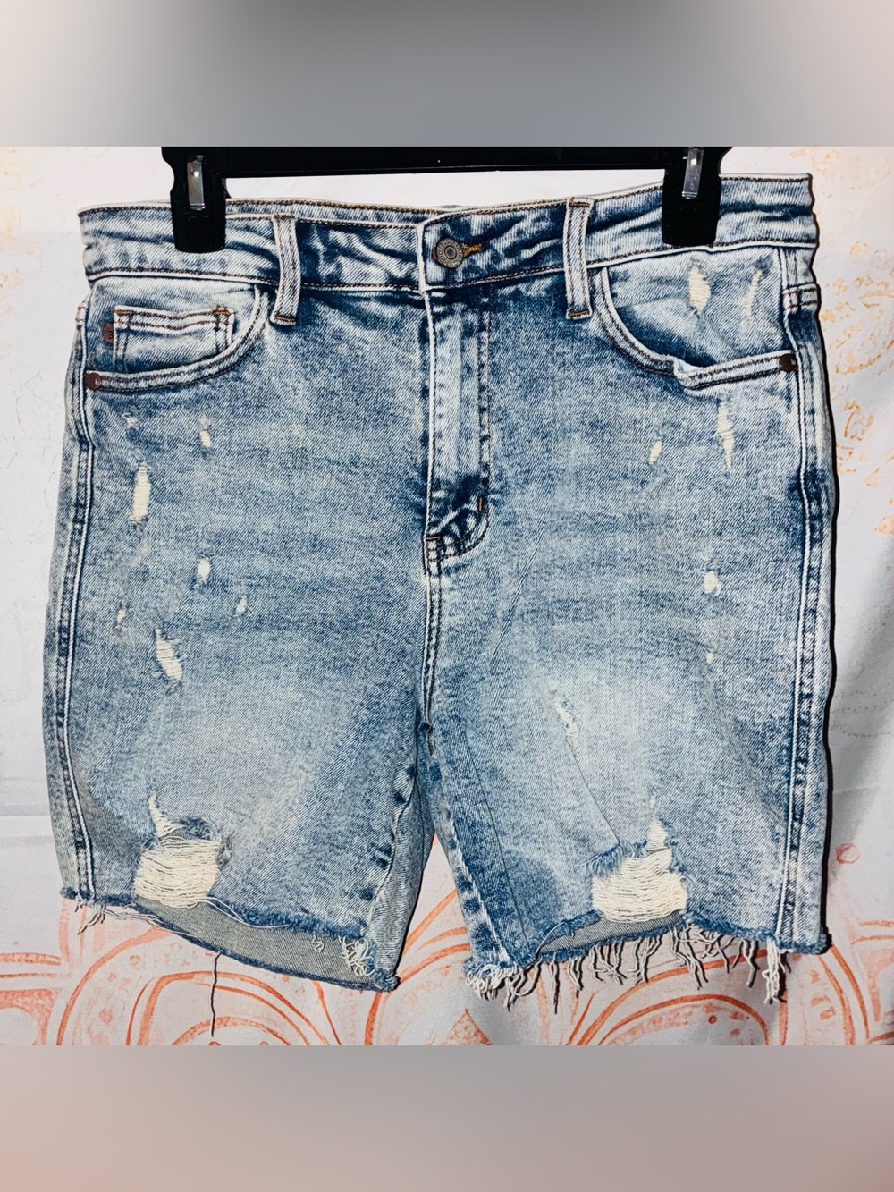 Judy Blue Light Blue Denim Shorts with Brown Leather Patch